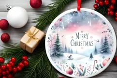 Colorful Winter Scene Merry Christmas Round Ornament Product Image 2