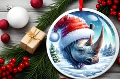 Round Christmas Ornament with Rhino Santa and Hat PNG Product Image 2