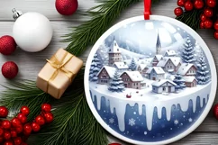 Winter Scene with Town Round Ornament Sublimation PNG Product Image 2