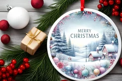 Colorful Winter Scene Merry Christmas Round Ornament Product Image 2