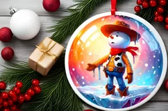 Winter Scene with Cowboy Round Ornament Sublimation PNG Product Image 2