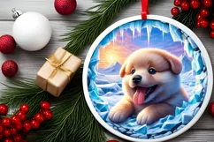 Icy Wall Puppy Smiling Round Ornament Sublimation PNG Product Image 1