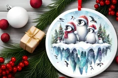 Santa Penguins Winter 3D Round Ornament PNG Product Image 2