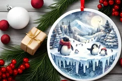Santa Penguins Winter 3D Round Ornament PNG Product Image 2