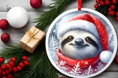 Round Winter Scene with Sloth and Santa Hat PNG Product Image 1