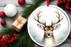 Reindeer Round Ornament Sublimation PNG Product Image 1