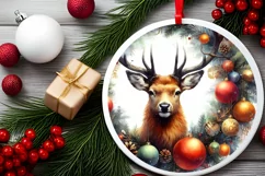 Reindeer Winter Scene Round Ornament Sublimation PNG Product Image 2
