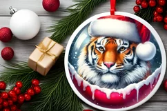 Winter Tiger with Santa Hat Round Ornament Sublimation PNG Product Image 1