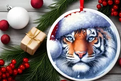 Winter Tiger with Santa Hat Round Ornament Sublimation PNG Product Image 1