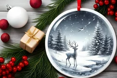 Reindeer Winter Scene Round Ornament Sublimation PNG Product Image 2