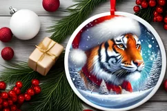 Tiger Portrait with Santa Hat Round Sticker Sublimation PNG Product Image 1