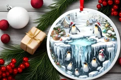 Winter Scene with Penguins Christmas Ornament Sublimation Product Image 2
