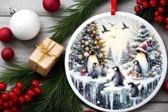 Winter Scene with Penguins Christmas Ornament Sublimation Product Image 2