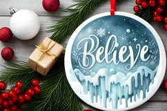 Believe White Christmas Round Ornament Sublimation PNG Product Image 2