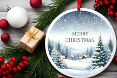 Winter Scene with Merry Christmas Round Ornament Sublimation Product Image 2