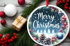 Winter Scene with Merry Christmas Round Ornament Sublimation Product Image 2