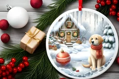 3D Winter Scene with Dog Round Ornament Sublimation PNG Product Image 2