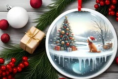 3D Winter Scene with Dog Round Ornament Sublimation PNG Product Image 2