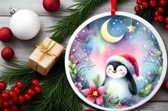 Colorful Pastel Christmas Penguin Round Ornament Sublimation Product Image 2