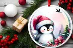 Colorful Pastel Christmas Penguin Round Ornament Sublimation Product Image 2