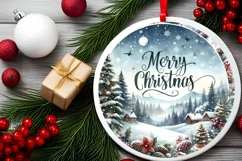 Winter Scene with Merry Christmas Round Ornament Sublimation Product Image 2