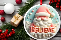 Pastel 3D Santa BELIEVE Round Ornament Sublimation PNG Product Image 2