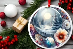 Watercolor Winter Scene with Flowers Round Ornament PNG Product Image 2