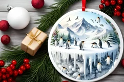 3D Penguins Winter Scene Round Christmas Ornament Product Image 2