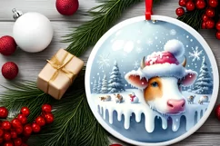 3D Cow Round Ornament Sublimation PNG Product Image 2