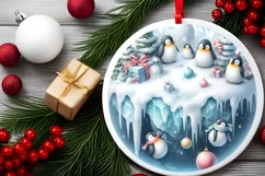 3D Winter Scene Penguins Round Christmas Ornament Product Image 2
