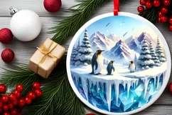 3D Winter Scene Penguins Round Christmas Ornament PNG Product Image 1