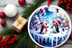 3D Winter Scene Penguins Round Christmas Ornament PNG Product Image 2