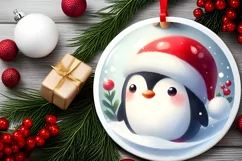3D Penguin Portrait with Santa Hat Round Christmas Ornament Product Image 2