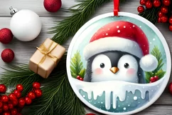 Winter Scene Penguin Portrait with Santa Hat Round Ornament Product Image 1