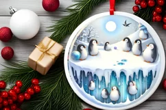 Winter Scene with Penguins Round Ornament Sublimation PNG Product Image 2