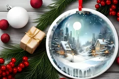 Winter Scene with Town Round Ornament Sublimation PNG Product Image 2