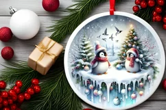 Winter Scene with Penguins Christmas Ornament Sublimation Product Image 2