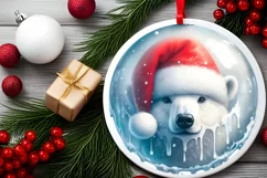 Winter Polar Bear Portrait with Santa Hat Round Ornament Product Image 1