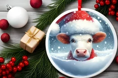 Winter Cow Portrait with Santa Hat Round Ornament Product Image 1