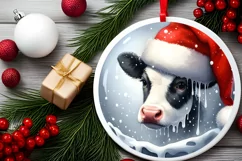 Winter Cow Portrait with Santa Hat Round Ornament Product Image 1