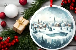 Winter Scene with Town Round Sticker Ornament Sublimation Product Image 2