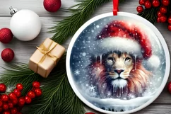 Winter Lion Portrait with Santa Hat Round Ornament Product Image 1