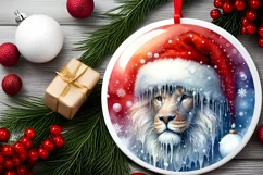 Winter Lion Portrait with Santa Hat Round Ornament Product Image 2