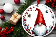 Watercolor Gnome Round Christmas Ornament Sublimation PNG Product Image 2