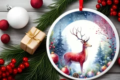 Watercolor Deer Christmas Round Ornament Sublimation PNG Product Image 2