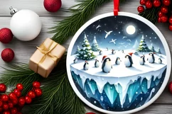 Watercolor 3D Looking Penguins Round Christmas Ornament Product Image 2