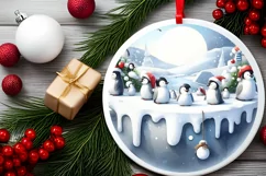 Watercolor 3D Looking Penguins Round Christmas Ornament Product Image 2