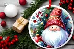 Colorful Watercolor Christmas Gnome Round Ornament PNG Product Image 1