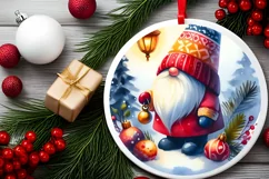 Colorful Watercolor Christmas Gnome Round Ornament PNG Product Image 2