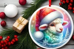 Colorful Watercolor Christmas Lamb Round Ornament PNG Product Image 1